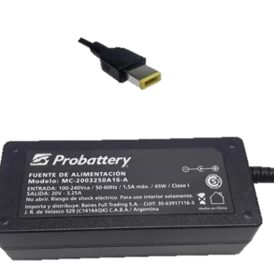 Cargador Notebook  20v 3,25Ah 65W  (Plug: Amarillo Cuadrado)