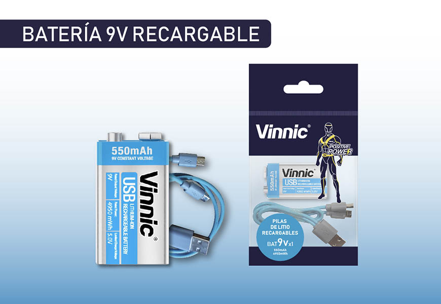 Pila Bateria 9V Litio USB Recargables Vinnic PRLI-9VUSB-BVN