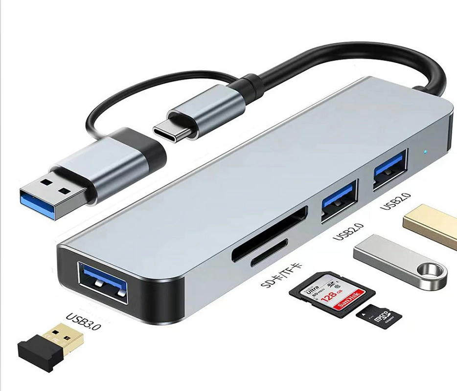 Hub 5 En 1 Tipo C + Usb A Usb 3.0 + Usb 2.0 + SD/TF CQT-2302