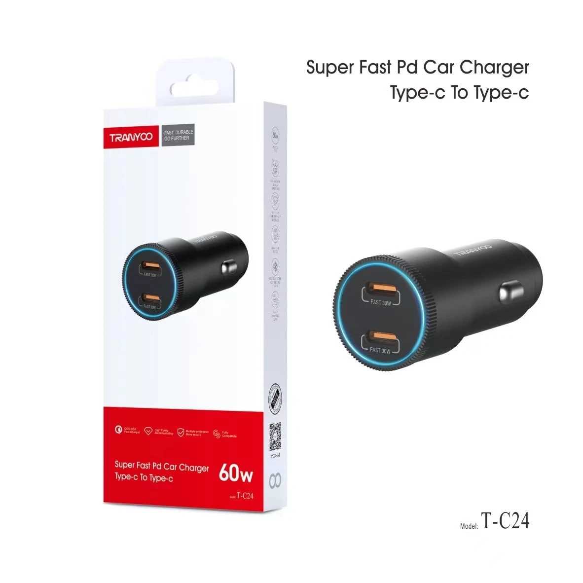 Cargador De Auto Tranyoo 60W Carga Rapida USB-C T-C24