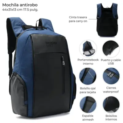 Mochila Porta Notebook Wanderlust Antirobo Urbana Azul - Neg