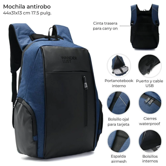 Mochila Porta Notebook Wanderlust Antirobo Urbana Azul - Neg