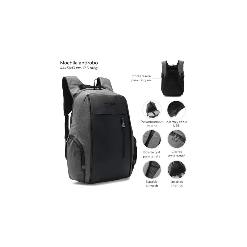 Mochila Porta Notebook Wanderlust Antirobo Urbana Negro - Imagen 2