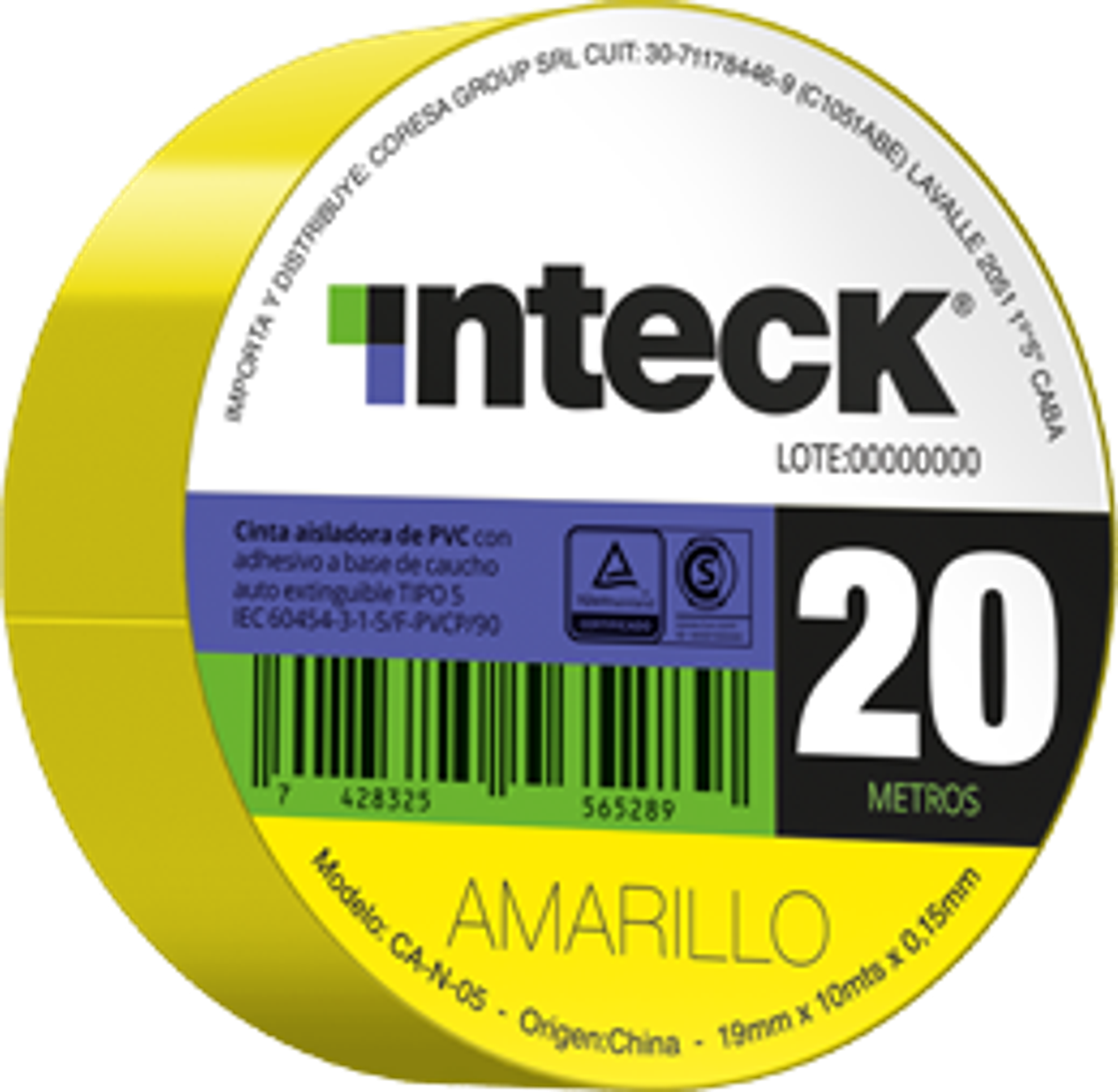 Cinta Aisladora Pvc Inteck Amarilla- 20 Metros CA-Y-20