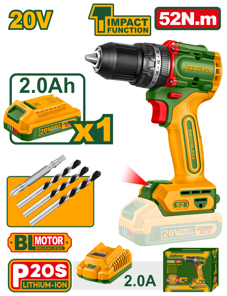 Taladro Atornilladro Con Impacto Motor Brushless Jadever JDCDP5282-4